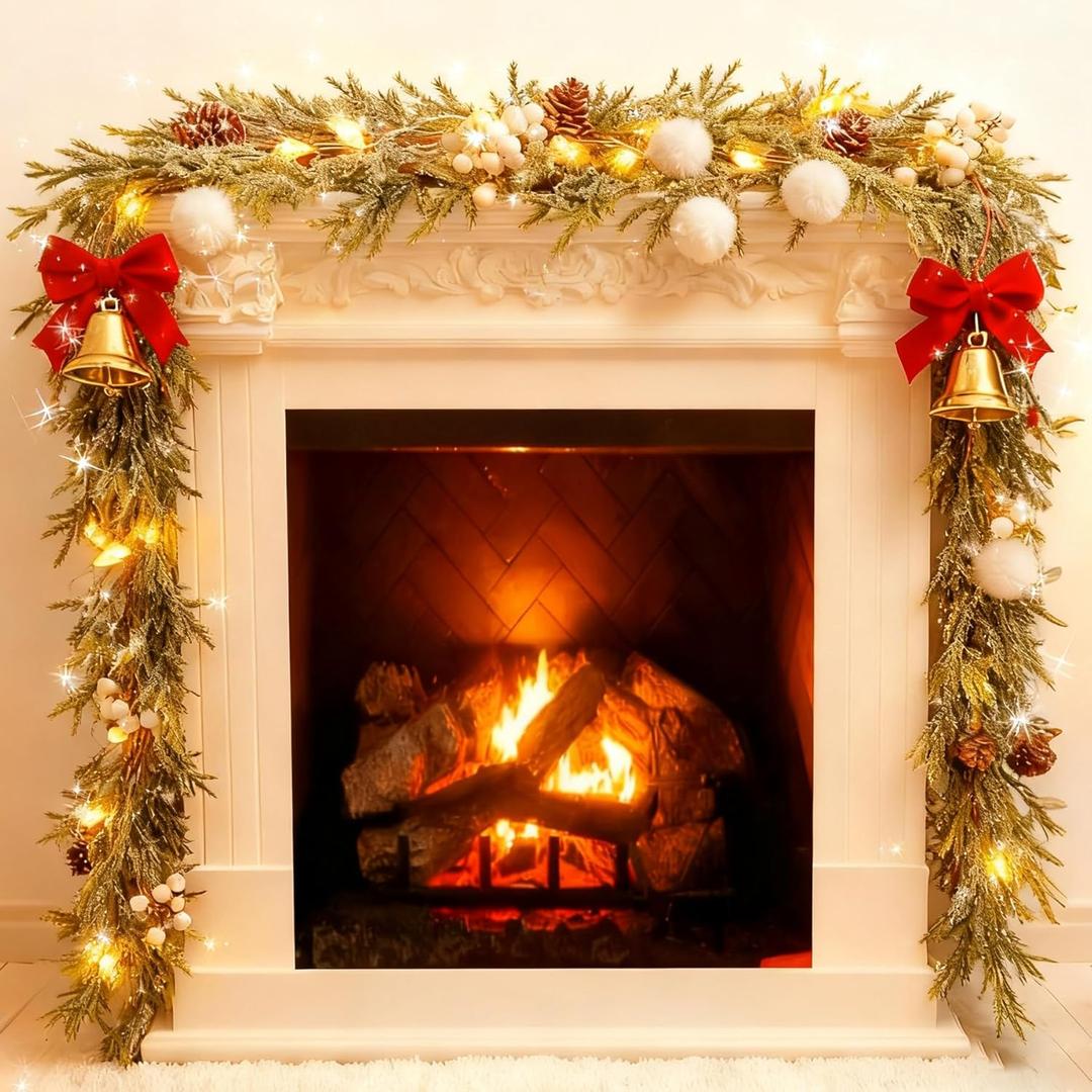 6FT Prelit Christmas Garlands with Lights Artificial Christmas Lighted Greenery Pine Cones Garland with White Berries for Christmas Door Mantle Stairs Railing Home Holiday Xmas Decoration Indoor