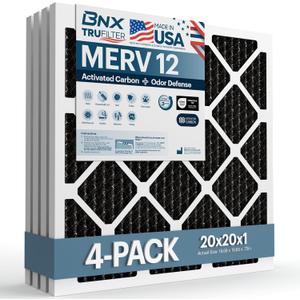 BNX TruFilter 20x20x1 MERV 12 Odor Defense (4-Pack) AC Furnace Air Filter with Activated Carbon - MADE IN USA - Pleated Air Conditioner HVAC AC Furnace Filters - Removes Odor, Mold, Bacteria, Smoke