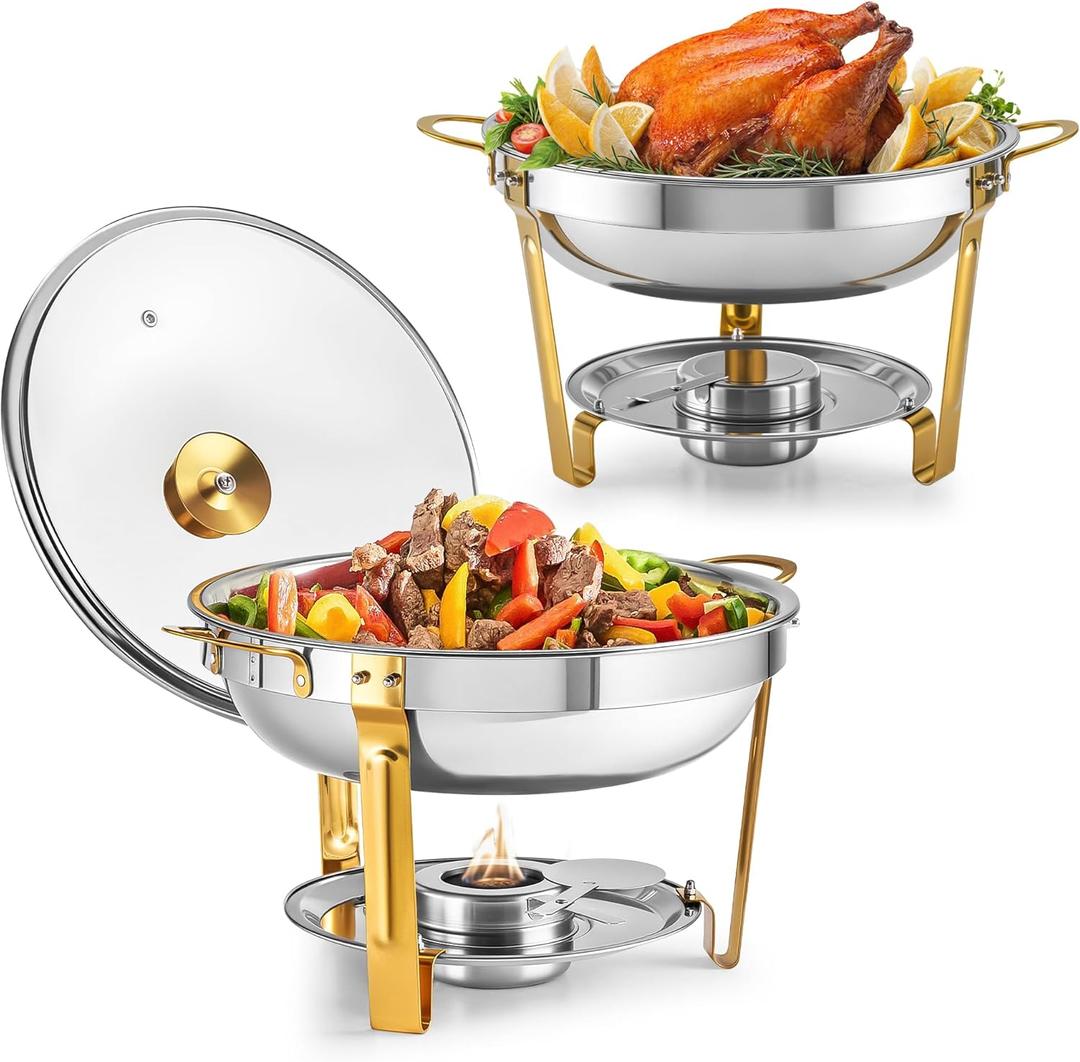 WILPREP Chafing Dishes for Buffet, 2 Pack 5 qt Round Chafing Dish Set with Glass Lids Holders Foldable Frames, Food Grade Stainless Steel Food Warmers for Parties Buffets Banquets, Gold & Silver