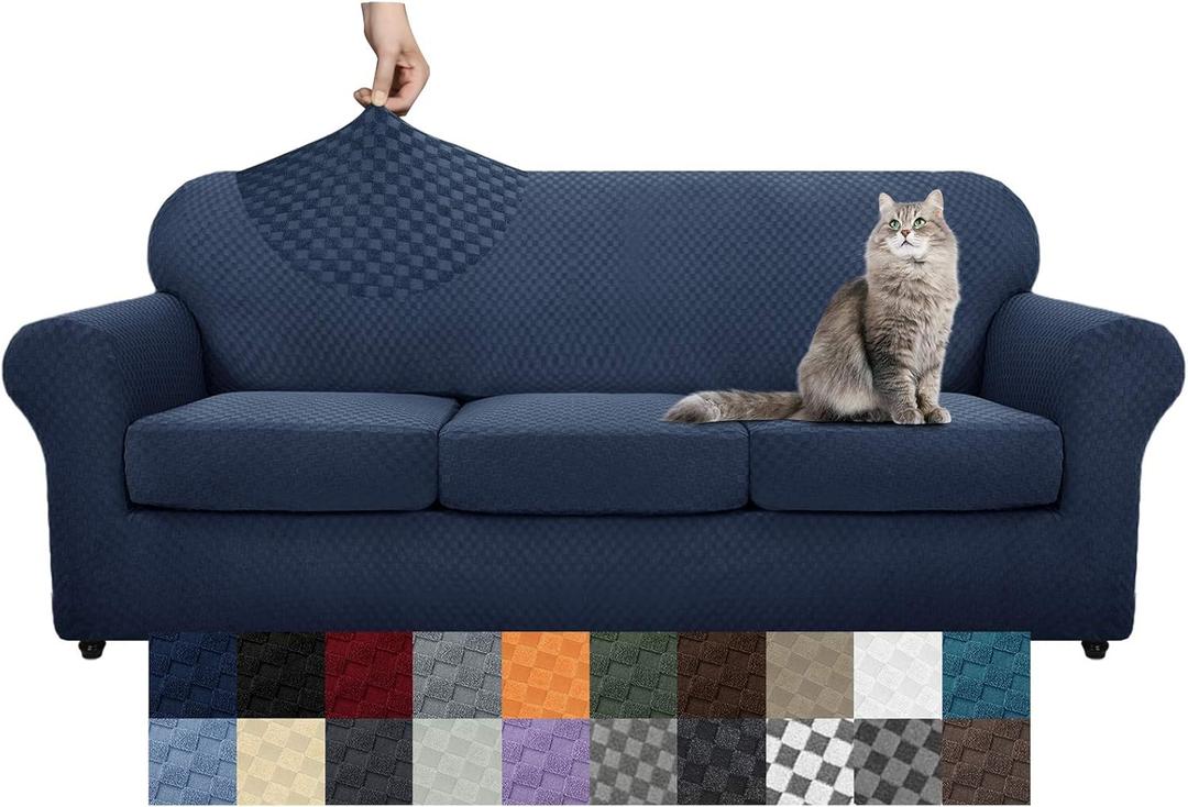 YEMYHOM Latest Checkered 4 Pieces Couch Covers for 3 Cushion Couch High Stretch Thickened Sofa Cover for Dogs Anti Slip Elastic Slipcovers Living Room Furniture Protector (Navy), 91"-110"(3 Cushions)