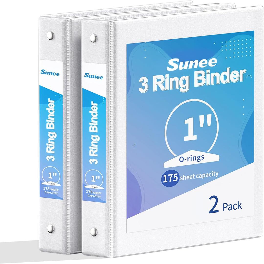 SUNEE 3 Ring Binder 1 Inch 2 Pack, Clear View Binder Three Ring PVC-Free (Fit 8.5x11 Inches) for School or Office Supplies, White