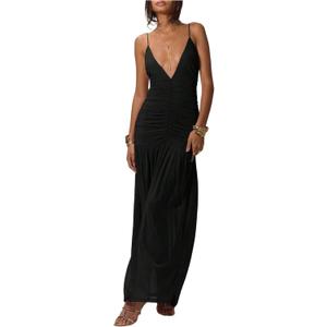 SOLY HUX Women's Maxi Dress Deep V Neck Spaghetti Strap Ruched Bodycon Long Cami Dresses (Large)