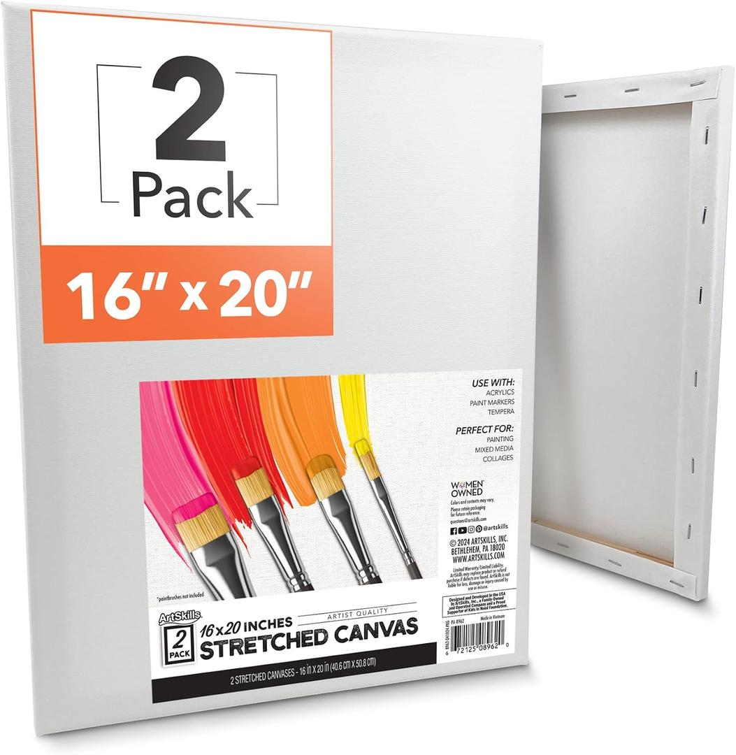 ArtSkills Stretched Canvas for Painting, 16x20 Canvases Painting Supplies for Artists, Blank Canvas Pack, 2-Pack