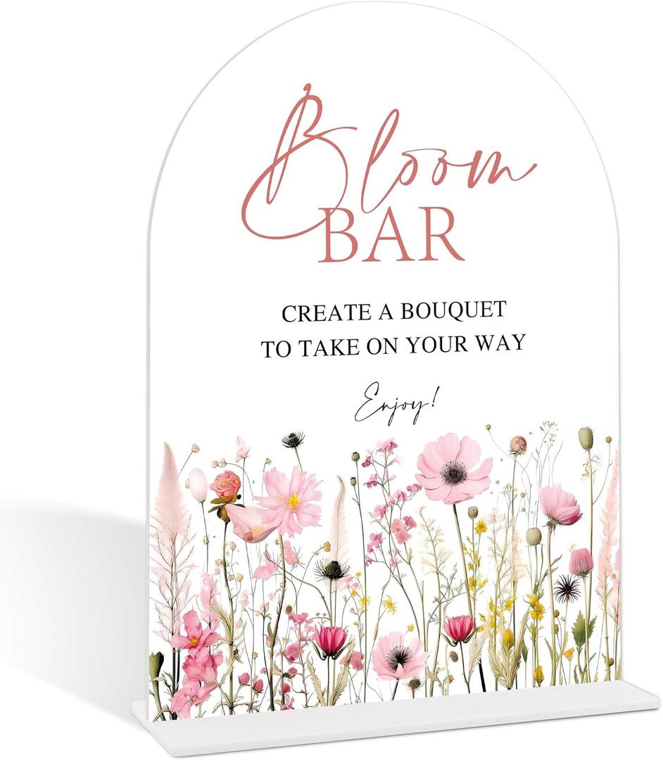 Pink Flower Bloom Bar Sign, Flower Bar Supplies, Bridal Shower Decor, Wedding Reception Decorations, Bridal Shower Centerpieces for Tables, Engagement Decor, Arch Acrylic Wedding Sign With Base-1