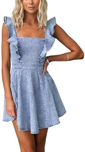 utcoco Denim Dress for Women Ruffle Adjustable Strap Sleeveless Backless Babydoll Mini Jean Dresses S