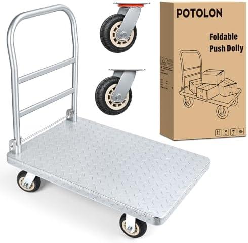 POTOLON Stainless Steel Platform Cart 1320 lbs Heavy Duty Flatbed Push Dolly with 5 Inch Rubber Wheels 36 x 24 Inch Platform Truck for Warehouse Industrial Use Black