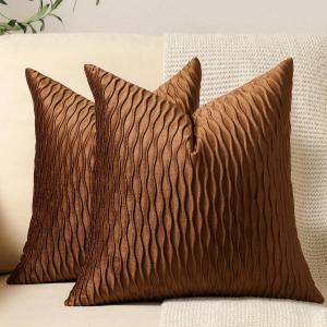 Light Brown Throw Pillow Cases: 2 Pack 18x18 Inch Original Stripe Velvet Square Decorative Pillow Covers for Farmhouse Couch