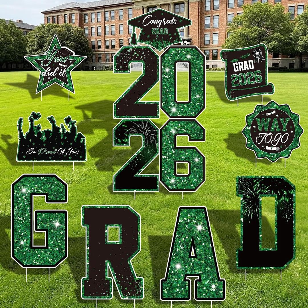 Graduation Yard Signs Class of 2026 Decorations, 11pcs Green and Black Congrats Grad 2026 Lawn Yard Sign with Stakes, 2026 Sign for High School College Indoor Outdoor Graduation Party Decor Supplies