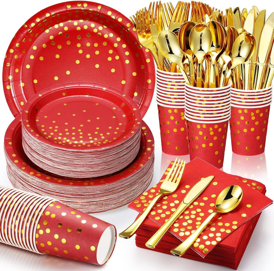 Sieral 560 Pcs Red and Gold Party Supplies Serve 80 Guests, Disposable Paper Plates Napkins Cups Gold Plastic Forks Knives Spoons for Graduation Wedding Birthday Party Dinnerware Set(Bright Red)