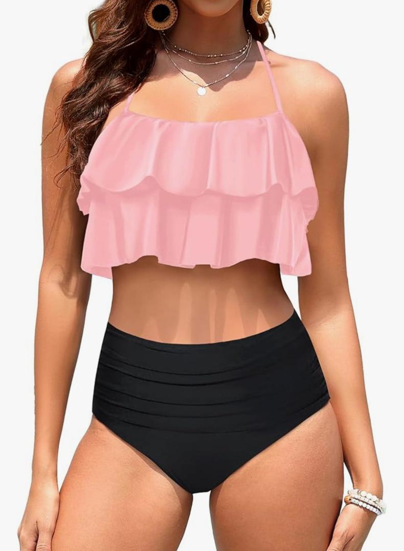 Tempt Me Women Two Piece Swimsuits High Waisted Bikini Teen Ruffle Tummy Control Bottoms Halter Bathing Suits Size S