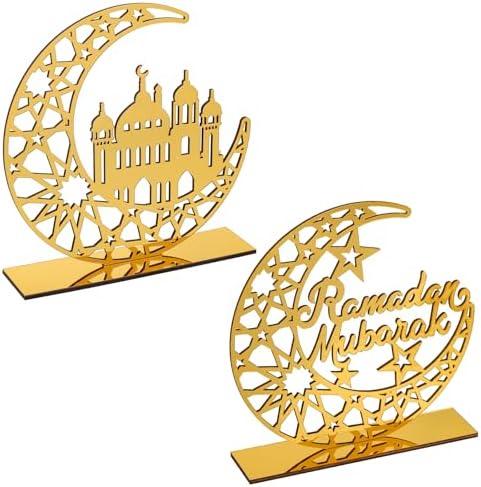 2 Pieces Acrylic Ramadan Decorations Islamic Eid Mubarak Kareem Table Sign Moon Hollow Star Ornament for Muslim Party Tabletop Decor Home Art Craft Decoration Golden Moon