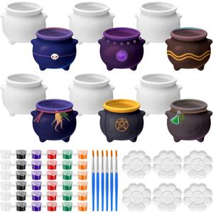 6 Sets Halloween Cauldron Ceramics to Painting Kits Ready to Paint Your Own Halloween Figurines DIY Unpainted Ceramics Witch Cauldron Statues Crafts for Kids Adult, 3.9 Inch