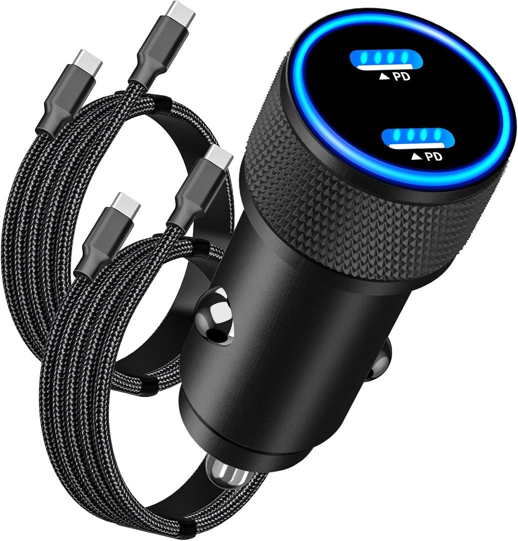 USB-C Fast Car Charger, BAOYUANDA 72W Dual USB-C Fast Charging Power Cigarette Lighter+2Pack Braided Type-C to Type-C Cord for iPhone 17/Air/16 Pro/15/15 Plus/15 Pro Max, iPad Pro/Air/Mini