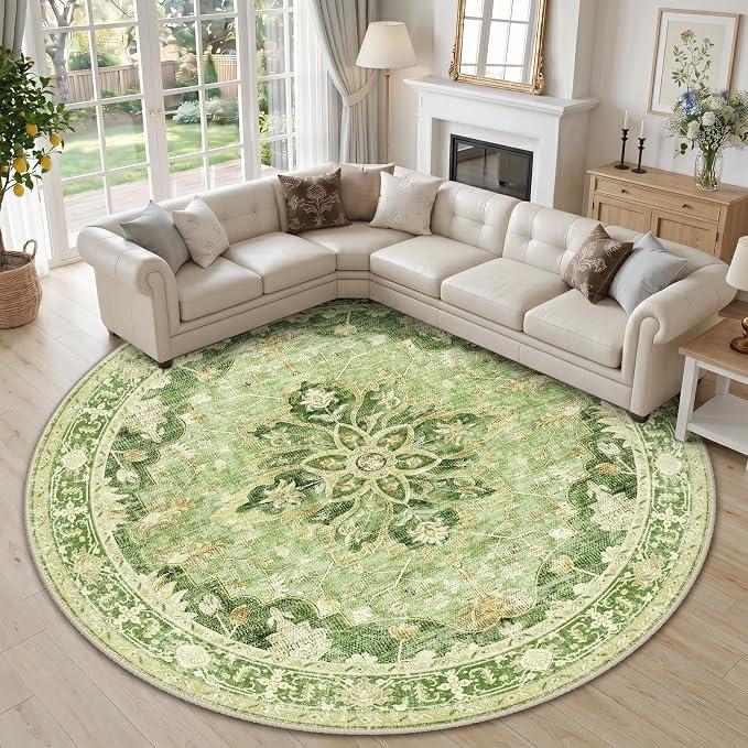 RELEANY Washable Area Rug, Round 10ft, Green/Yellow
Non-Slip, Water Repellent, Pet Friendly, Easy to Clean, Vintage Floral Boho Decor for Living Room Bedroom Dining Room