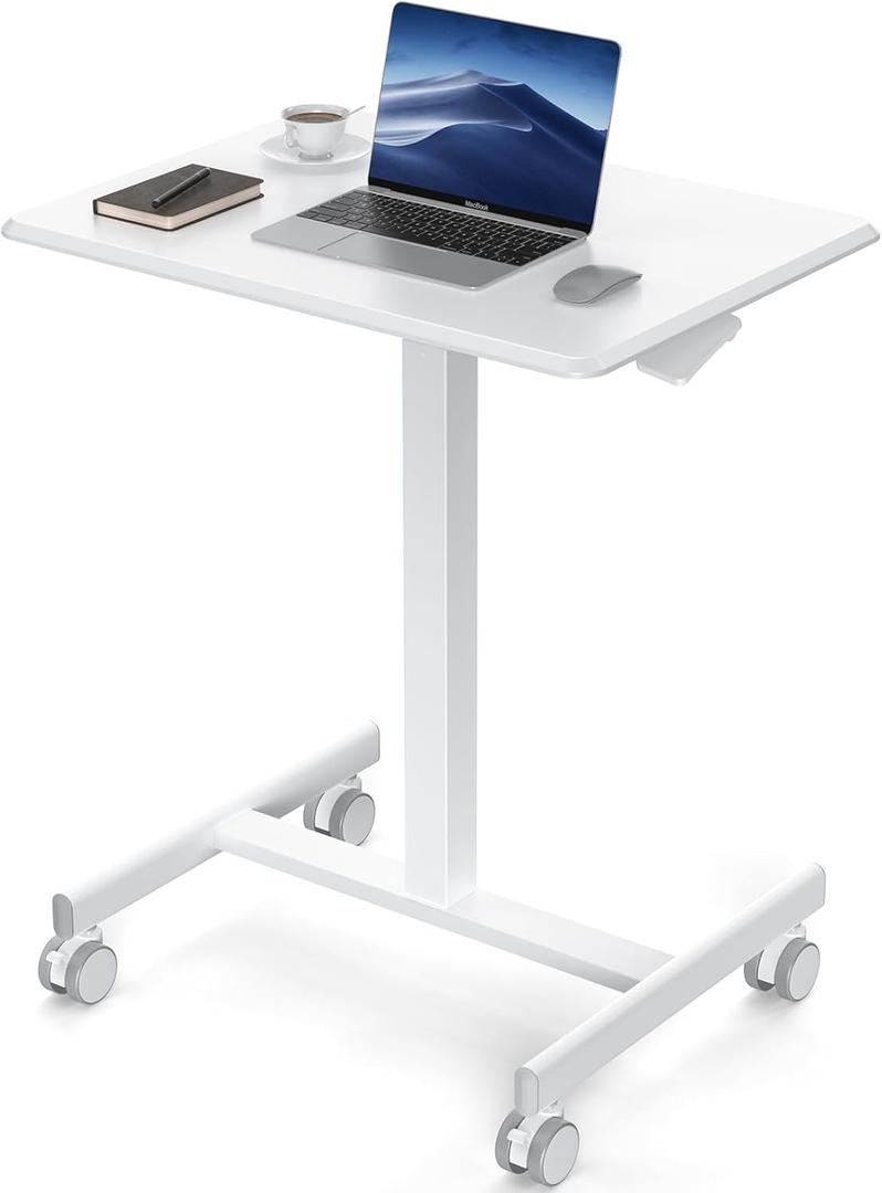 DUMOS Small Standing Desk Mobile Portable Rolling Laptop PC Table on Wheels Adjustable Height Computer Workstation for Home Office, 19 Inch, Modern White