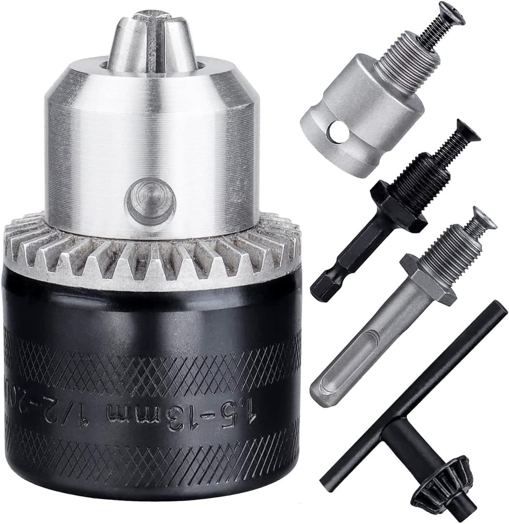 1.5-13mm Keyed Drill Chuck Adapter Kit 1/2"-20UNF with SDS-Plus Shank 1/4" Hex Shank 1/2" Socket Square Female Adapter Fits Rotary Hammer/Impact Wrench/Impact Screwdriver