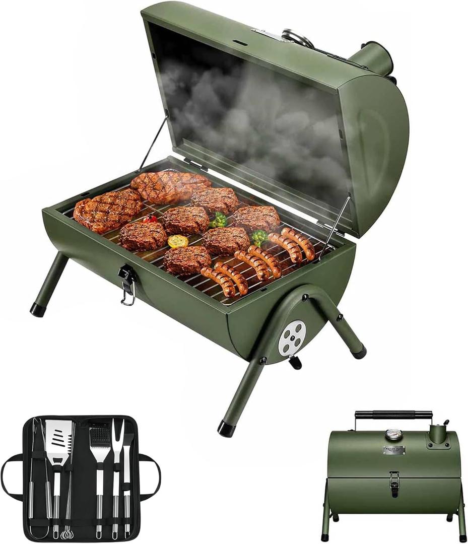 MAISON HUIS Small Charcoal Grill, Portable Tabletop BBQ Smoker for Outdoor Camping,Mini Grill with 9-Piece Stainless Steel Grill Tool Set for Tailgating Hiking Picnic (Green Kit)