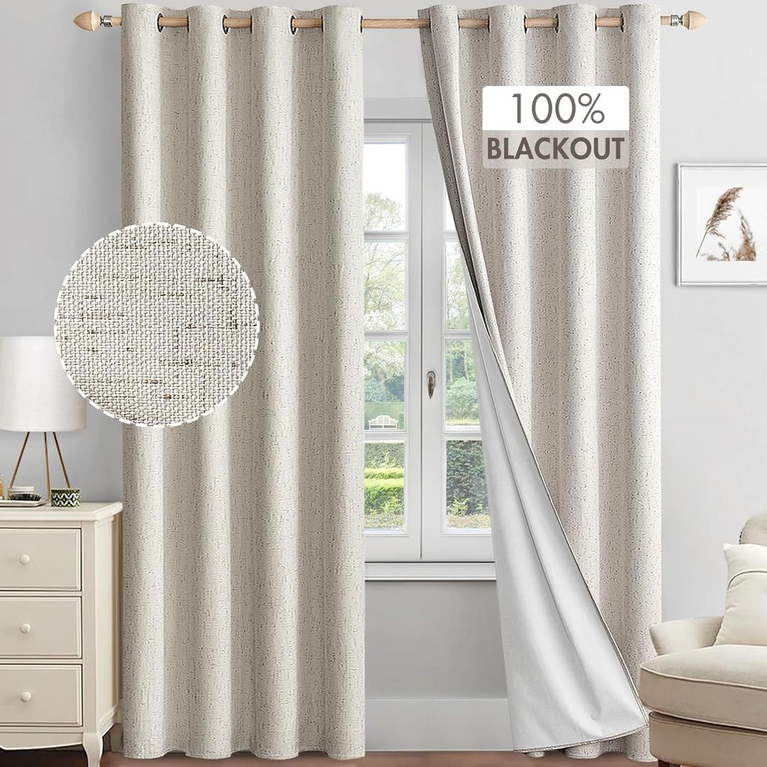 MIULEE Linen Textured 100% Blackout Curtains for Bedroom 84 Inches Long Ivory Thermal Insulated Black Out Curtains Curtains/Draperies with White Liner for Living Room/Nursery, Grommet Top, 2 Panels