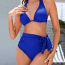 Women Modest Tummy Control Bikini Set High Waisted Ruched Bathing Suit Halter Tie Side Swimsuit (Blue, S)