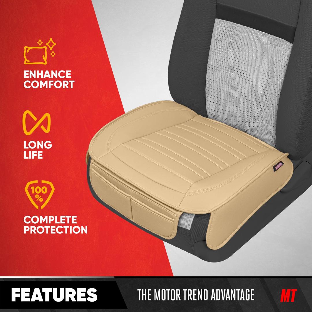 This product is a Motor Trend brand universal leatherette seat cushion designed for cars, trucks, and SUVs