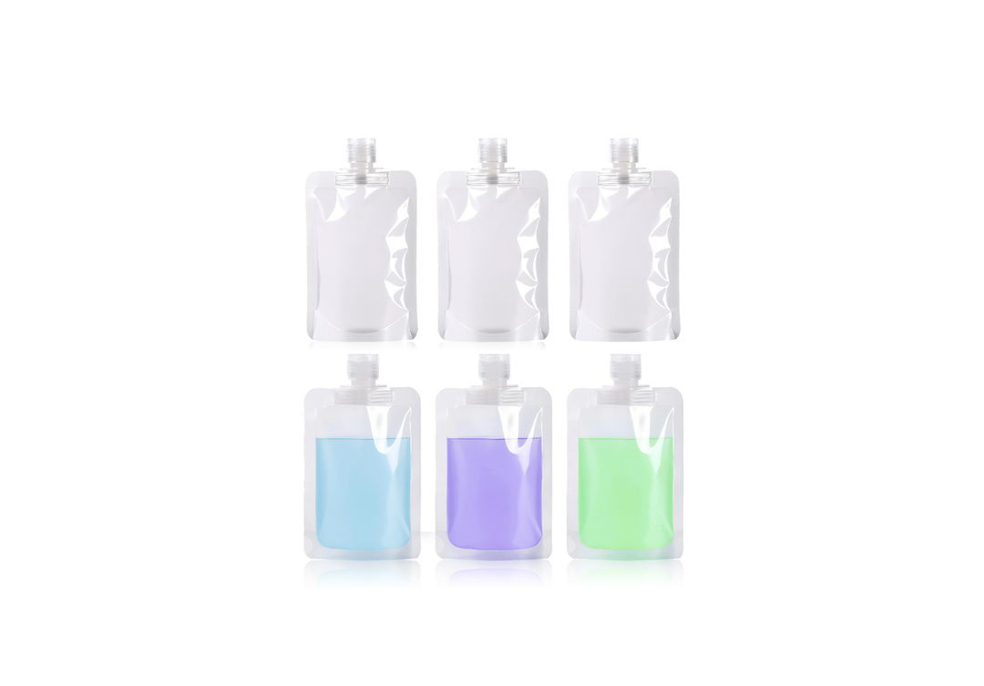 6 Pack Travel Pouches for Toiletries, 100ml/3.51fl oz Fluid Makeup Packing Bag Squeezable Refillable Clear Leakproof PET Plastic Squeeze Pouch Bottle (6)