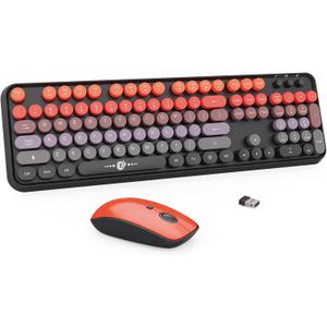 FOPETT Wireless Keyboard and Mouse Combo - 2.4G Full-Sized Cute Colorful Mouse and Keyboard with 104 Round Keys Retro Typewriter Keyboard for Laptop/Windows/PC - Black Orange