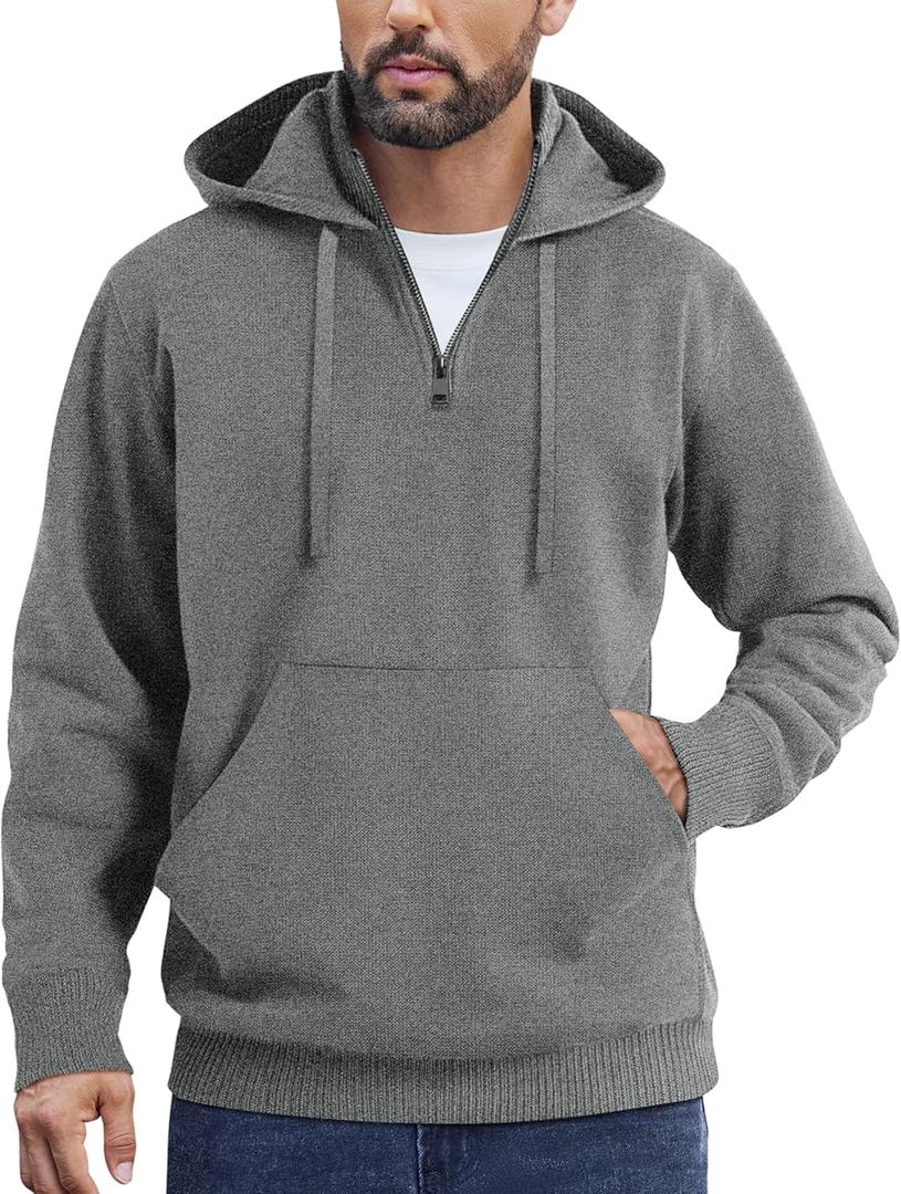 COOFANDY Mens Knitted Hoodie Sweater Long Sleeve Turtleneck Quarter Zip Pullover Sweaters with Pocket (M)