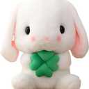 HOUPU Soft Toy - Sitting Lop Eared Rabbit, Easter White Rabbit Stuffed Bunny Animal with Carrot Soft Lovely Realistic Long-Eared Standing Pink Plush Toys (White-Four Leaf,8.6in/22cm)