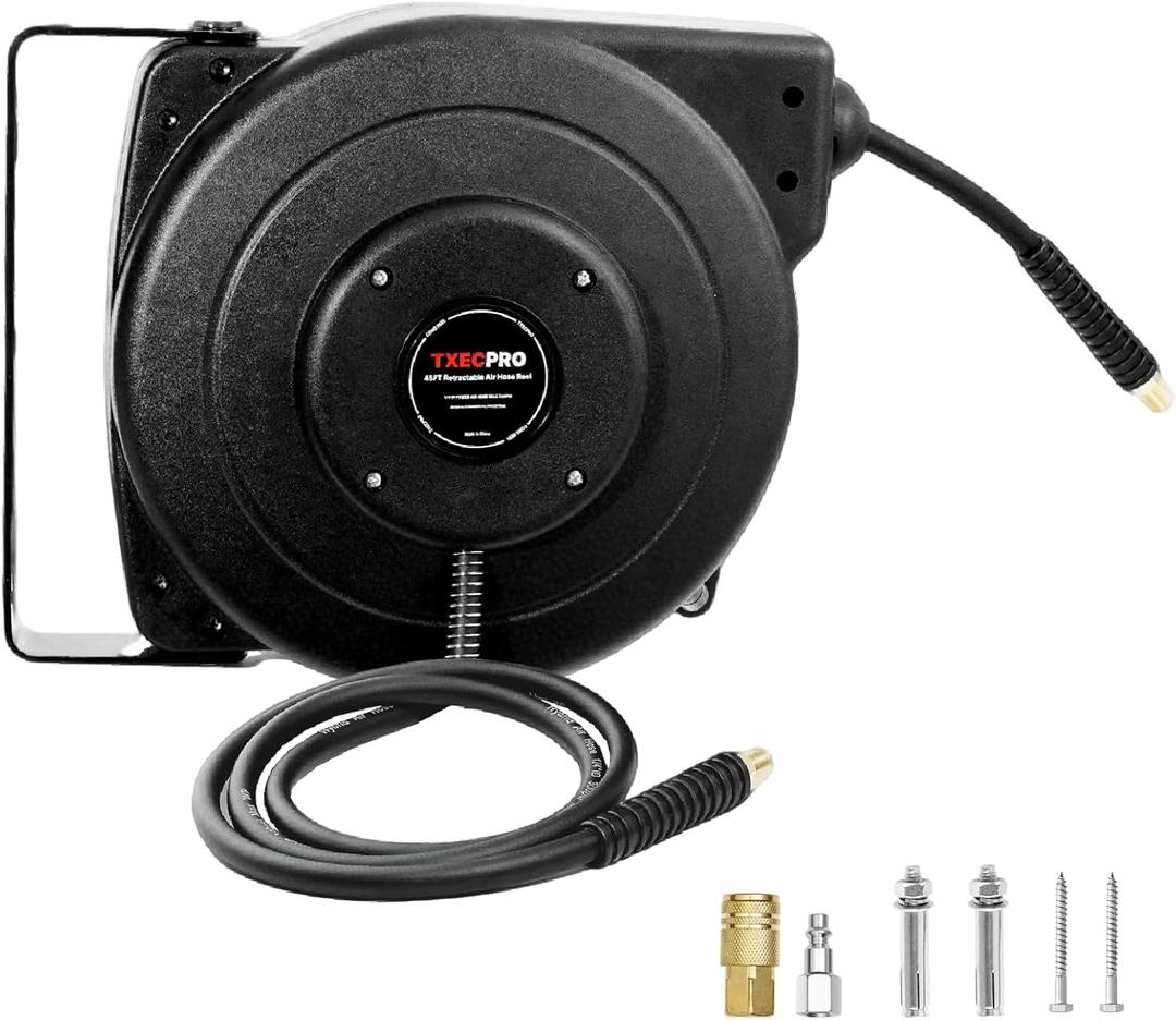 Retractable Air Hose Reel, 1/4 IN x 45 FT Hybrid Air Hose Max 300 PSI, Air compressor hose reel with 5 ft Lead in, Ceiling/Wall Mounted air hose reel,Heavy Duty air tool