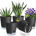 Meowell 4 inch Self Watering Pots for Indoor Plants, 5 Pack Small Flower Plant Pots with Drainage Holes and Clear Reservoirs, Visible Water Level, Plastic Planters with Wicking Rope, Black
