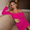 Women's Off Shoulder Bodycon Mini Dress Elegant Long Sleeve Ruched & Ribbed Tight Fit Clubwear for Cocktail Party,Date Night Rose Red,Medium