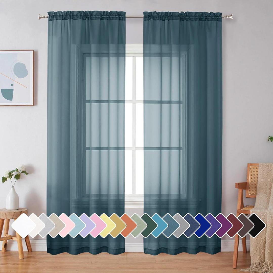 Simplebrand Dusty Blue Sheer Curtains 90 Inches Long 2 Panels, Light Filtering Rod Pocket Solid Color Window Sheer Curtain Panels, Elegant Curtains & Drapes for Living Room, Bedroom, 42" W x 90" L