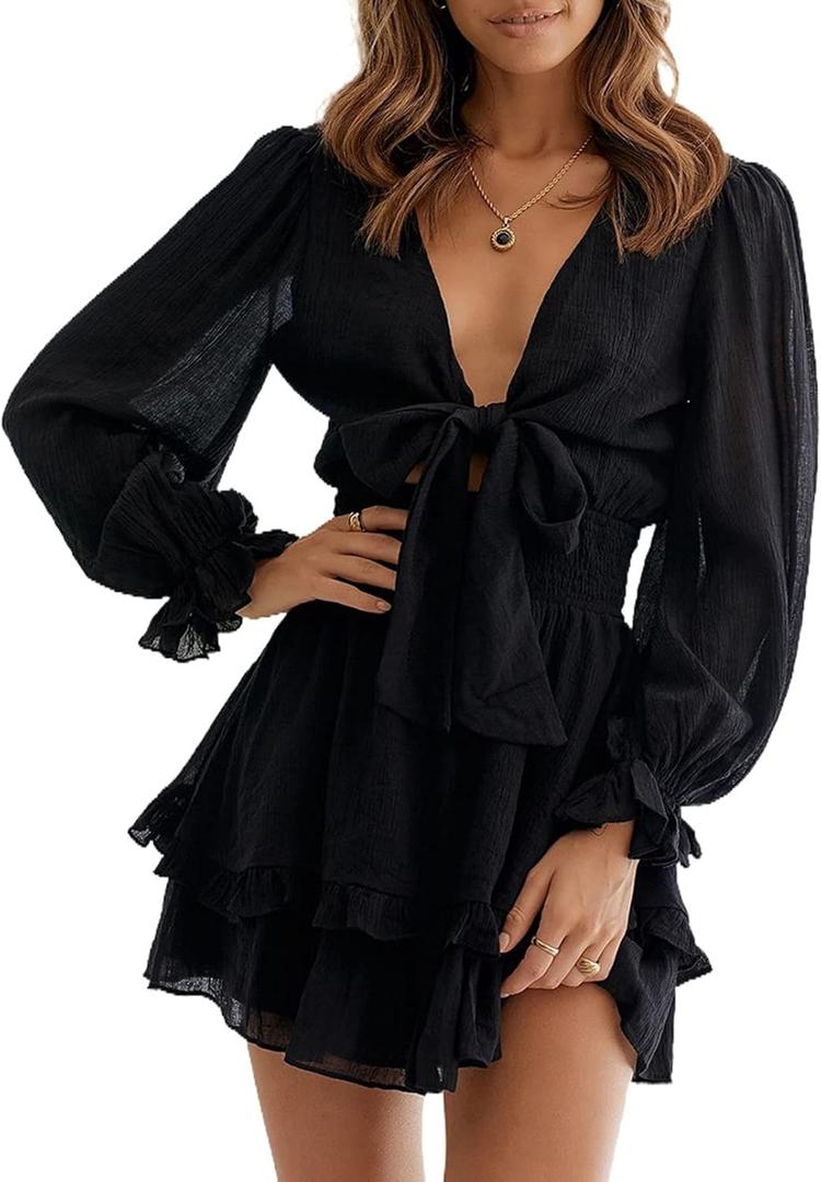 AlvaQ Womens Dresses Spring Summer Knot Front V Neck Ruffles Long Sleeve Floral Print Swing Mini Dress (Large, Black)