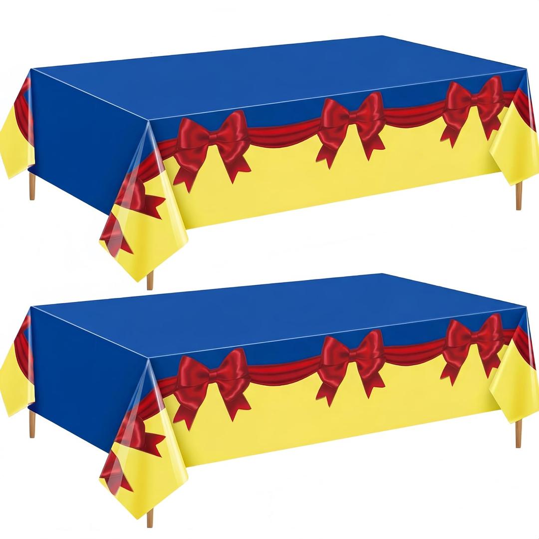 2 Pcs Princess Snow Themed Party Tablecloth 54x108 Inch Blue and Yellow Red Bow Plastic Table Cover Disposable Snow Princess Table Cloth for Birthday Party Supplies