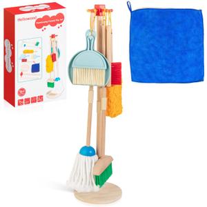 Kids Cleaning Set, 8 Pcs Wooden Housekeeping Play Set Includes Broom Mop Duster Dustpan Brushes Rag and Organizing Stand, Cleaning Toys Gift for Toddlers Girls Boys Age 3-6, Solid Beech Wood