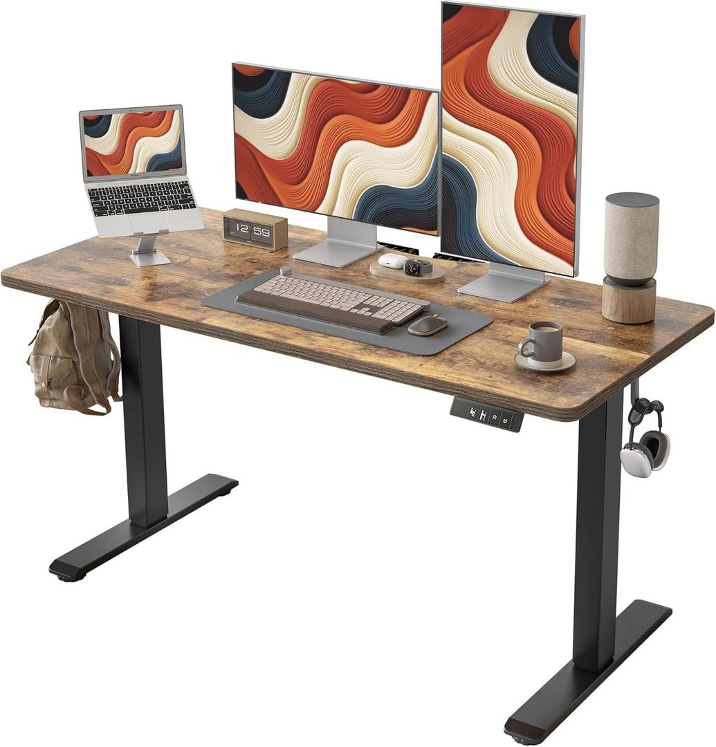 TIQLAB Electric Standing Desk, Adjustable Height Stand up Desk, 55 * 28 Inches Sit Stand Home Office Table with Splice Board, Rustic Brown