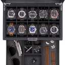ROTHWELL 10-Slot Watch Box in Leather with Valet Drawer, Luxury Watch Case Display Organizer with Ultra Soft Microsuede Liner, Jewelry and Sunglass Holder With Large Glass top (Carbon)
