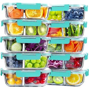 VERONES 10 Pack Glass Meal Prep Containers - 2 Compartment Set, 30 OZ Airtight Glass Lunch Containers with Lids, for Microwave, Oven, Freezer & Dishwasher Friendly, Green
