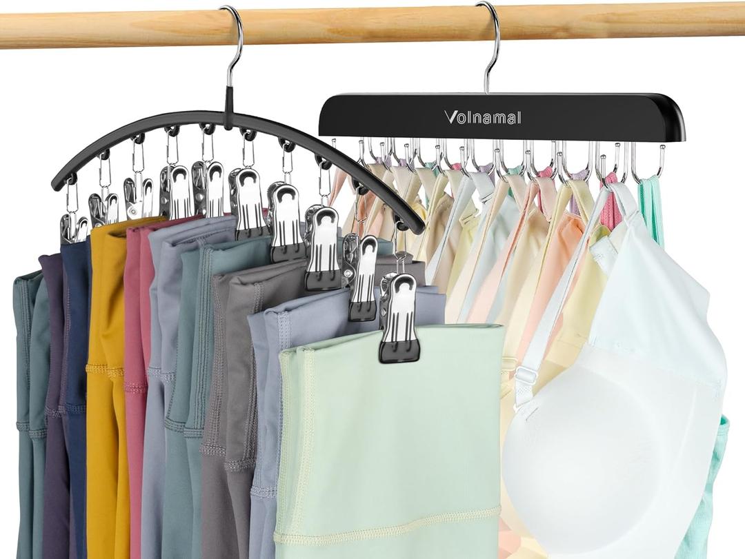 2 Pack Legging Organizer& Bra Hanger, 2 in 1 Space Saving Hanger Max 30 Leggings & Bras Capacity for Closet Organizers and Storage, Metal Yoga Pant Hangers& Foldable Wood Tank Top Organizer (Black)