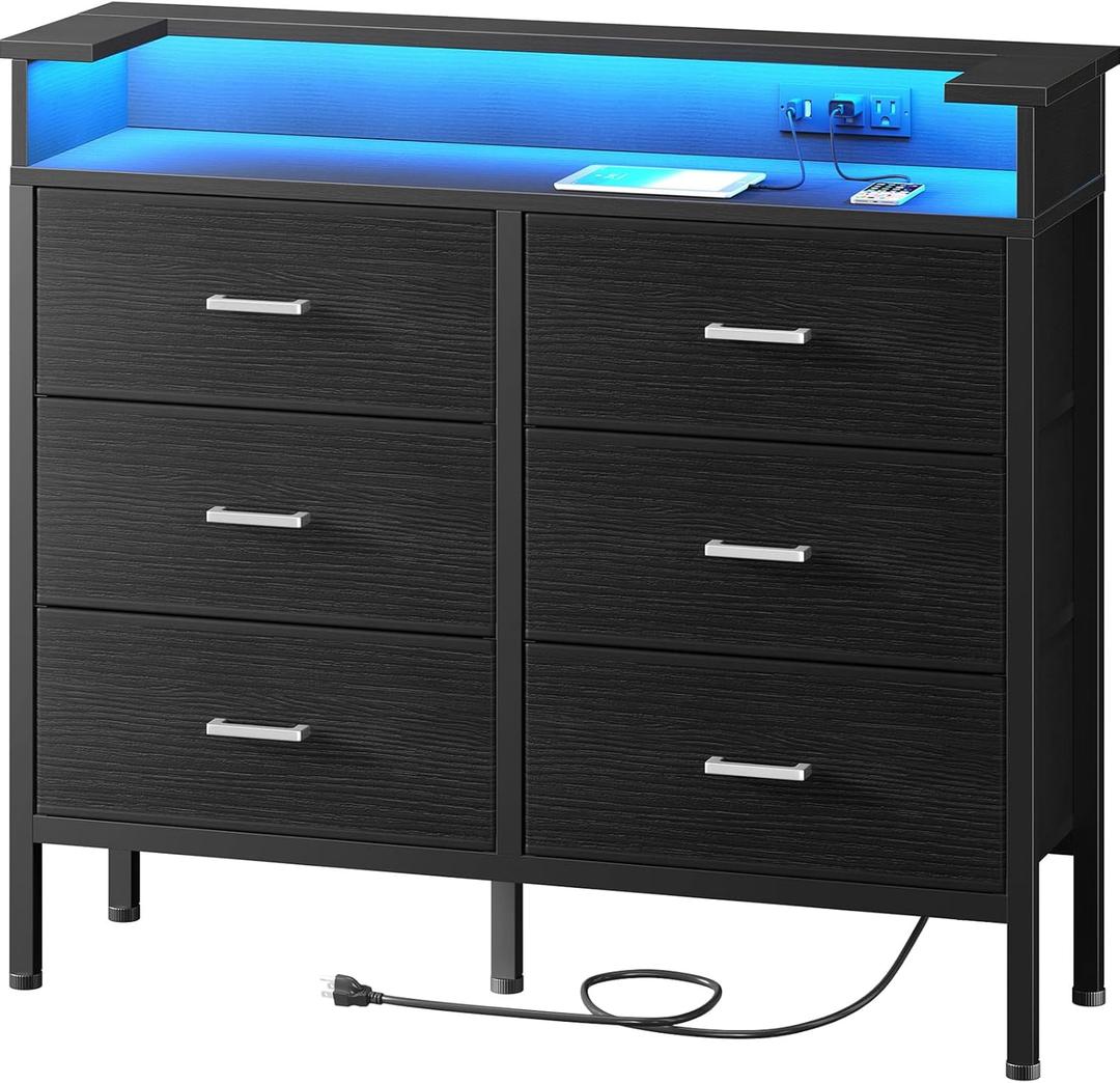BOLUO Black Dresser with LED Light and Charging Station for Bedroom 6 Drawer Dresser with USB Outlet, Fabric Dressers & Chests of Drawers Modern