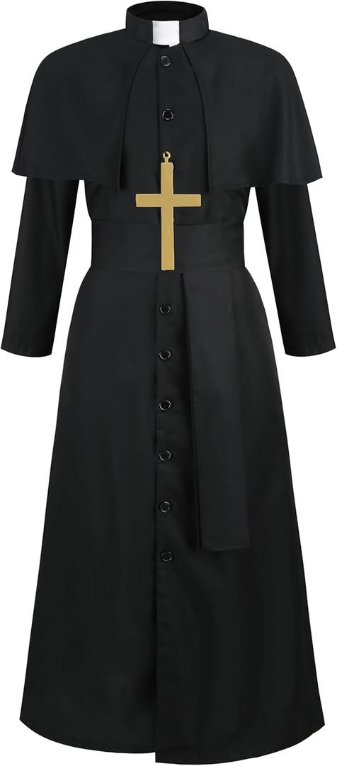 Colorful House Clergy Robe Adult Priest Costume Monk wizard for Men Exorcist Costume Halloween Outfit (Large, Black1)