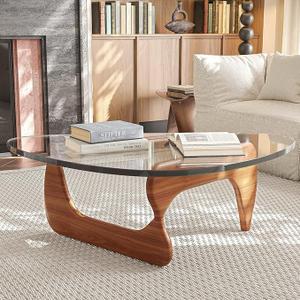 Glass Triangle Coffee Table with Tempered Top & Wood Legs, Modern Mid Century for Living Room, Rustic Brown Walnut Center