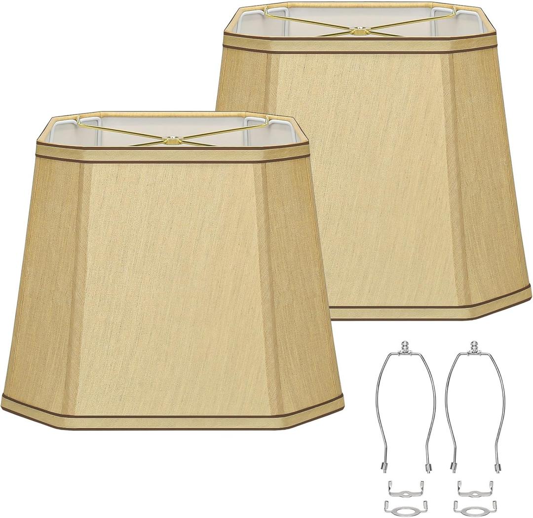 Rectangle Cut Corner Lamp Shades Set of 2, 10.5" x 10"x 13" Modern Medium Gold Lampshades with Brown Rim, Included 2 Pack Lamp Harps, Suitable for E26 Base and Saddle Base, Easy Assembly Required