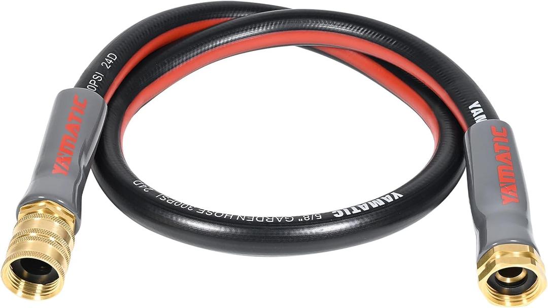 YAMATIC Female to Female Short Garden Hose 5/8 in x 3 ft, 2 in 1 Dual Use Heavy Duty Leader Hose with Solid Brass Connector, All-Weather Water Hose, Burst 300 PSI (Black)
