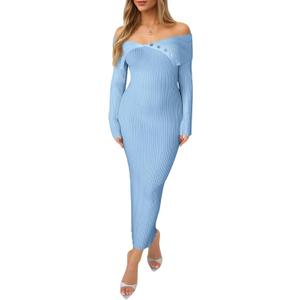 Saodimallsu Womens Off The Shoulder Sweater Dress Long Sleeve Bodycon Ribbed Knit Cocktail Party Formal Midi Dresses (Blue, S)