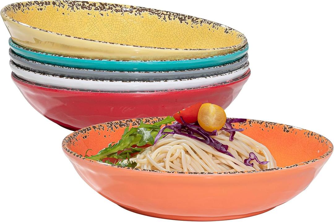Vintage Pasta Bowl, Melamine Pasta Bowls Set of 6, 42 OZ Large Corlorful Serving Bowl for Kitchen, Dishwasher Safe Salad,Soup,Fruit, Dinner Bowls, Shallow Pasta Plates