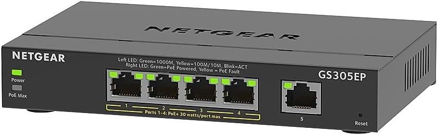 NETGEAR 5 Port PoE Gigabit Ethernet Easy Smart Managed Essentials Switch (GS305EP) - with 4 x PoE+ @ 63W, Desktop or Wall Mount (Plus)