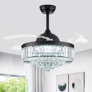 42'' Fandelier Ceiling Fans with Light, Chandelier Ceiling Fan, Retractable Ceiling Fan for Bedroom, Living Room, 3 Color Change, LED Dimmable, 6 Speeds, Reversible DC Motor- Black