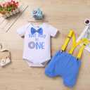 IMEKIS Baby Boy Half 1st Birthday Outfit Baseball Dount Romper Suspenders Shorts Crown Cake Smash Photoshoot Clothes (6-12 Months)