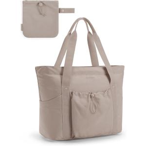 BAGSMART Tote Bag for Women, Tote Shoulder Bag with Laptop Compartment and Zipper Handbag for Travel, Work (One Size, Foldable-grayish Brown)